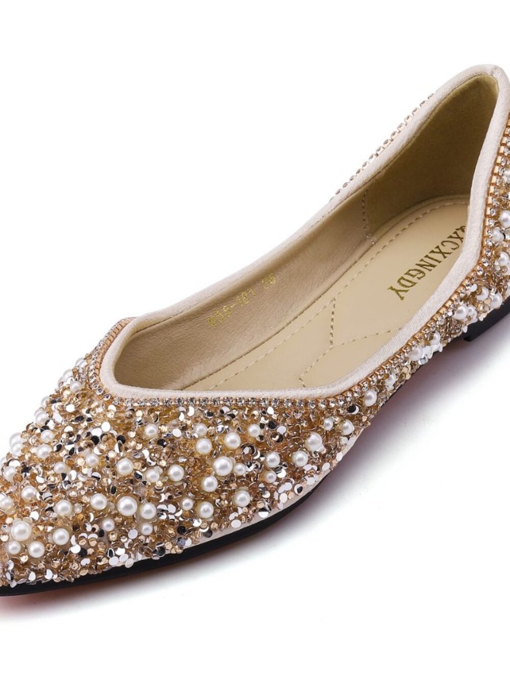 Women's Rhinestone Flats Fashion Pointed Toe Pearl Diamond Low Heel Dress